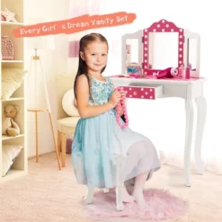 Costway Kid Vanity Set Wooden Makeup Table Stool Tri-Folding Mirror Polka Dot Print Pink -Furniture Sale Store GUEST 01cb290f 51d5 4110 b250 2eb937f16764