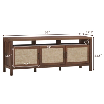 Tangkula Universal TV Stand Cabinet Television Media Console With 3 Rattan Doors Grey Oak Walnut 4 Tangkula Universal TV Stand Cabinet Television Media Console With 3 Rattan Doors Grey Oak Walnut - Image 4