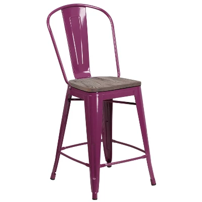 Merrick Lane 24" Metal Indoor-Outdoor Counter Stool With Vertical Slat Back, Integrated Footrest And Wood Seat 9 Merrick Lane 24" Metal Indoor-Outdoor Counter Stool With Vertical Slat Back, Integrated Footrest And Wood Seat - Image 9