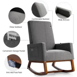 Costway Mid Century Retro Fabric Upholstered Rocking Chair Nursery Armchair Gray -Furniture Sale Store GUEST 0ad22469 b813 4e6b 94dc 02ffae587222
