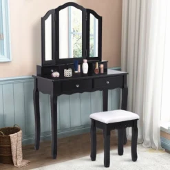 Costway Makeup Table Stool Set Tri Folding Mirror Vanity WhiteBlack 21 Costway Makeup Table Stool Set Tri Folding Mirror Vanity WhiteBlack -Furniture Sale Store GUEST 0b57cfcc ecf6 44e8 b351 c652ea3324da