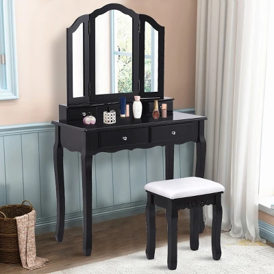 Costway Makeup Table Stool Set Tri Folding Mirror Vanity WhiteBlack 11 Costway Makeup Table Stool Set Tri Folding Mirror Vanity WhiteBlack - Image 11