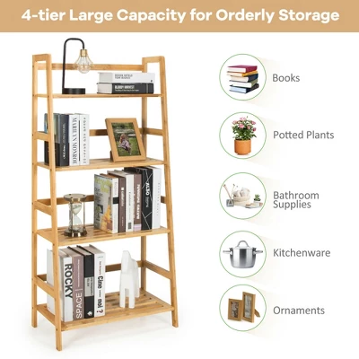 Costway 4-Tier Bookshelf Bamboo Ladder Shelf Bathroom Shelves Storage Plant Stand Rack 6 Costway 4-Tier Bookshelf Bamboo Ladder Shelf Bathroom Shelves Storage Plant Stand Rack - Image 6