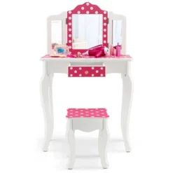 Costway Kid Vanity Set Wooden Makeup Table Stool Tri-Folding Mirror Polka Dot Print Pink -Furniture Sale Store GUEST 0e3340b2 b91d 4461 8b6e a2a48741e247