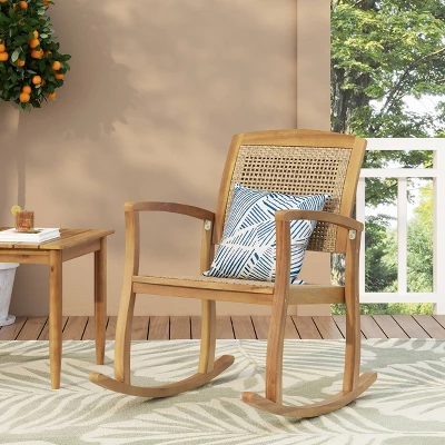 Welby Outdoor Acacia Wood/Wicker Rocking Chair Light Brown - Christopher Knight Home 2 Welby Outdoor Acacia Wood/Wicker Rocking Chair Light Brown - Christopher Knight Home - Image 2