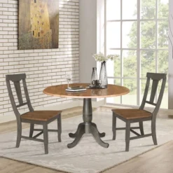 42" Dual Drop Dining Table With 2 Panel Back Chairs Hickory/Washed Coal - International Concepts