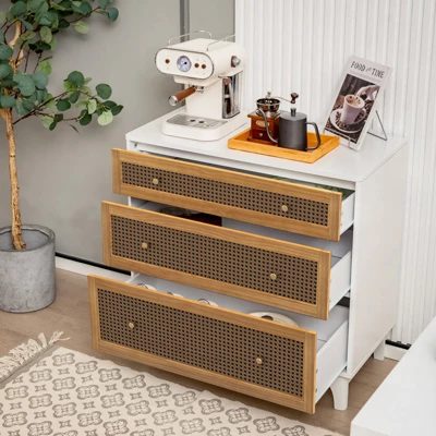 Costway 3-Drawer Rattan Dresser Modern Closet Chest Storage Cabinet Living Room Entryway 3 Costway 3-Drawer Rattan Dresser Modern Closet Chest Storage Cabinet Living Room Entryway - Image 3
