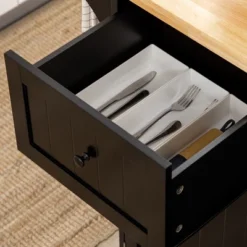 HOMCOM Triple-Cabinet Rolling Kitchen Island On Wheels, Kitchen Cart With Storage Shelf Adjustment, Rolling Utility Cart Wood, Big Drawer, Black -Furniture Sale Store GUEST 11be598d 5184 4bd9 9451 11d4d614dba7