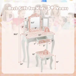 Costway Kid Vanity Set Wooden Makeup Table Stool Tri-Folding Mirror Zebra-Stripe Pink 11 Costway Kid Vanity Set Wooden Makeup Table Stool Tri-Folding Mirror Zebra-Stripe Pink -Furniture Sale Store GUEST 12413e2c 1d81 45e8 bed1 c322adf14ba8