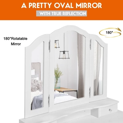 Costway Makeup Table Stool Set Tri Folding Mirror Vanity WhiteBlack 8 Costway Makeup Table Stool Set Tri Folding Mirror Vanity WhiteBlack - Image 8