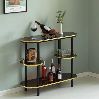 Fabulaxe Modern Display Wooden Console Bar With Tiered Open Shelves, Mini Bar With Wine Storage 1 Fabulaxe Modern Display Wooden Console Bar With Tiered Open Shelves, Mini Bar With Wine Storage