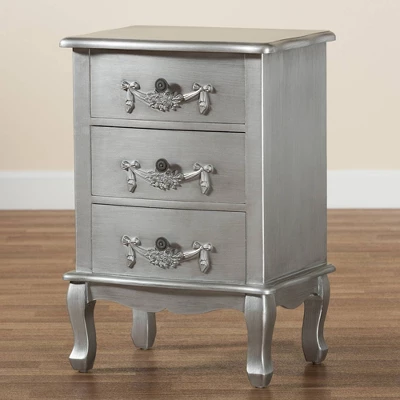 Callen Brushed Wood 3 Drawer Nightstand Silver - Baxton Studio 8 Callen Brushed Wood 3 Drawer Nightstand Silver - Baxton Studio - Image 8