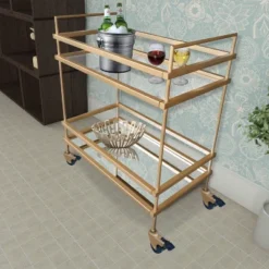 Modern Style Tubular Iron Bar Cart With 2 Mirrored Shelves Gold - The Urban Port -Furniture Sale Store GUEST 267bd4ad 9139 45f8 a732 824614d5d48c