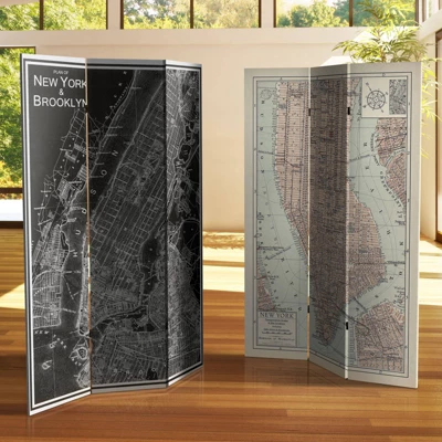 6" Double Sided Map Of New York Canvas Room Divider Gray - Oriental Furniture 4 6" Double Sided Map Of New York Canvas Room Divider Gray - Oriental Furniture - Image 4