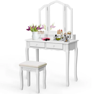 Costway Makeup Table Stool Set Tri Folding Mirror Vanity WhiteBlack 10 Costway Makeup Table Stool Set Tri Folding Mirror Vanity WhiteBlack - Image 10
