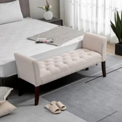 HOMCOM End Of Bed Bench With Button Tufted Design, Upholstered Bench With Arms And Solid Wood Legs For Bedroom