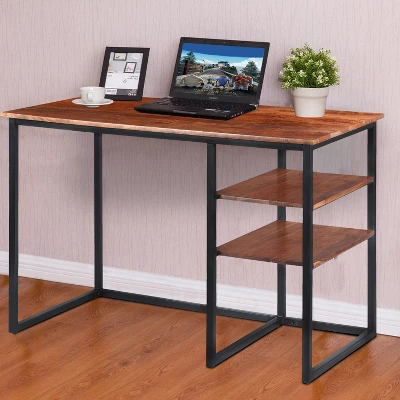 45" Tubular Metal Frame Desk With Wooden Top And 2 Side Shelves Brown/Black - The Urban Port 3 45" Tubular Metal Frame Desk With Wooden Top And 2 Side Shelves Brown/Black - The Urban Port - Image 3