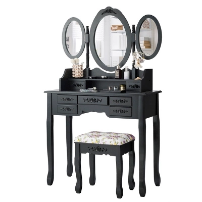 Tangkula Tri-Folding Mirror Vanity Makeup Set Dressing Table & Stool Unit W/ 7 Drawer 5 Tangkula Tri-Folding Mirror Vanity Makeup Set Dressing Table & Stool Unit W/ 7 Drawer - Image 5