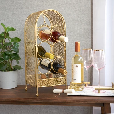 Twine Trellis Wine Rack, Holds 7 Bottles, Gold Countertop Wine Storage, Cast Iron 1 Twine Trellis Wine Rack, Holds 7 Bottles, Gold Countertop Wine Storage, Cast Iron