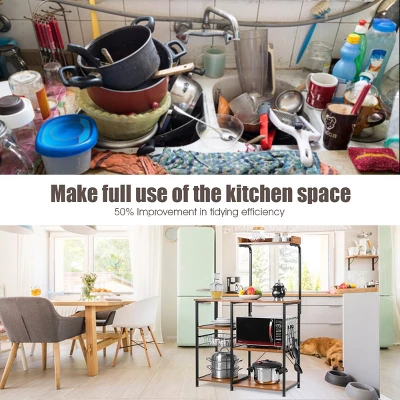 Costway 4-Tier Vintage Kitchen Baker's Rack Utility Microwave Stand W/ Basket & 5 Hooks 4 Costway 4-Tier Vintage Kitchen Baker's Rack Utility Microwave Stand W/ Basket & 5 Hooks - Image 4