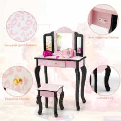 Costway Kid Vanity Set Wooden Makeup Table Stool Tri-Folding Mirror Leopard Print Pink 16 Costway Kid Vanity Set Wooden Makeup Table Stool Tri-Folding Mirror Leopard Print Pink -Furniture Sale Store GUEST 36f1909f a3a9 47f8 9274 61a7cf5e8865