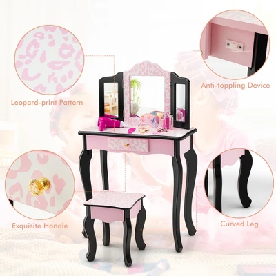 Costway Kid Vanity Set Wooden Makeup Table Stool Tri-Folding Mirror Leopard Print Pink 8 Costway Kid Vanity Set Wooden Makeup Table Stool Tri-Folding Mirror Leopard Print Pink - Image 8
