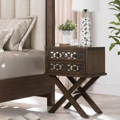 Mirrored Diamond Filigree X Base Nightstand/Table Walnut - Leick Home 1 Mirrored Diamond Filigree X Base Nightstand/Table Walnut - Leick Home