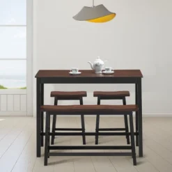 Costway 4 Pcs Solid Wood Counter Height Table Set W/ Height Bench & Two Saddle Stools Brown -Furniture Sale Store GUEST 3c5147e1 7726 410b 9e9d 235debc0a648