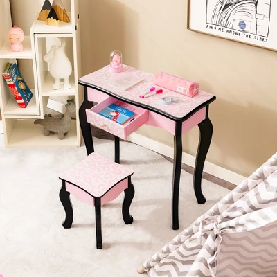 Costway Kid Vanity Set Wooden Makeup Table Stool Tri-Folding Mirror Leopard Print Pink 2 Costway Kid Vanity Set Wooden Makeup Table Stool Tri-Folding Mirror Leopard Print Pink - Image 2