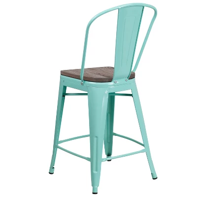 Merrick Lane 24" Metal Indoor-Outdoor Counter Stool With Vertical Slat Back, Integrated Footrest And Wood Seat 3 Merrick Lane 24" Metal Indoor-Outdoor Counter Stool With Vertical Slat Back, Integrated Footrest And Wood Seat - Image 3