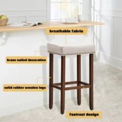 Costway Set Of 4 Nailhead Saddle Bar Stools 29'' Height W/ Fabric Seat & Wood Legs Gray/Beige -Furniture Sale Store GUEST 49aaafa7 1218 45a8 aa3b c3640601a2d5