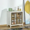 HOMCOM Kitchen Sideboard, Glass Door Buffet Cabinet, Accent Cupboard With Adjustable Storage Shelf For Living Room, Distressed White