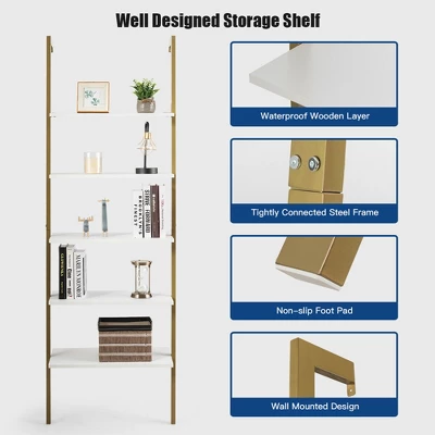 Tangkula 2PCS 5-Tier Ladder Shelf Wood Wall Mounted Display Bookshelf Metal Frame 6 Tangkula 2PCS 5-Tier Ladder Shelf Wood Wall Mounted Display Bookshelf Metal Frame - Image 6
