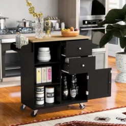 Rubberwood Countertop Kitchen Island, 4 Wheel Kitchen Trolley With Spice Rack, Towel Rack, 3 Open Shelves And 2 Drawers - ModernLuxe -Furniture Sale Store GUEST 4b506ccb 5fc8 4288 9d02 304426345a78