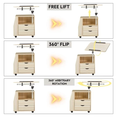 EROMMY 360 Degree Swivel Top Adjustable Height Bedside Nightstand End Table With Storage Drawers, Shelves, Lockable Wheels, & Computer Baffle, Natural 2 EROMMY 360 Degree Swivel Top Adjustable Height Bedside Nightstand End Table With Storage Drawers, Shelves, Lockable Wheels, & Computer Baffle, Natural - Image 2