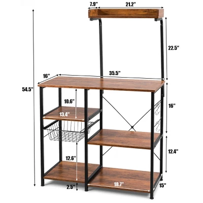 Costway 4-Tier Vintage Kitchen Baker's Rack Utility Microwave Stand W/ Basket & 5 Hooks 1 Costway 4-Tier Vintage Kitchen Baker's Rack Utility Microwave Stand W/ Basket & 5 Hooks