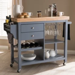 Sunderland Coastal And Farmhouse Natural Wood Kitchen Cart Gray, Light Brown - Baxton Studio -Furniture Sale Store GUEST 555c411d 61f3 48c4 8313 4467943b50b4