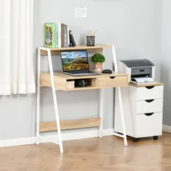 HOMCOM Home Office Desk, Computer Desk For Small Spaces, Writing Table With Drawer And Storage Shelves