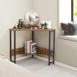 Costway Triangle Computer Desk Corner Desk Home Office With Power Outlets USB Ports Black/Rustic -Furniture Sale Store GUEST 55b71c15 9ee1 4702 9047 c7dd9ae368ce