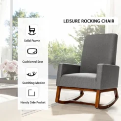 Costway Mid Century Retro Fabric Upholstered Rocking Chair Nursery Armchair Gray -Furniture Sale Store GUEST 5c0fb762 e33d 484e 9efb fb87053b0a97