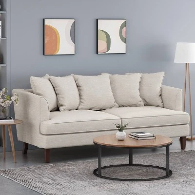 Fairburn Contemporary Pillow Back 3 Seater Sofa Beige/Espresso - Christopher Knight Home 1 Fairburn Contemporary Pillow Back 3 Seater Sofa Beige/Espresso - Christopher Knight Home