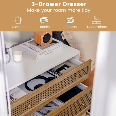 Costway 3-Drawer Rattan Dresser Modern Closet Chest Storage Cabinet Living Room Entryway 6 Costway 3-Drawer Rattan Dresser Modern Closet Chest Storage Cabinet Living Room Entryway - Image 6