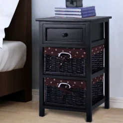Costway Black Night Stand 3 Tiers 1 Drawer Bedside End Table Organizer Wood W/2 Baskets -Furniture Sale Store GUEST 61165cb9 052d 401c a1b3 1d661ebdbc93