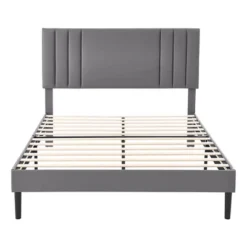BIKAHOM Mid-Century Tufted Faux Leather Upholstered Platform Bed Frame W/Adjustable Height Headboard, Wooden Slats & No Box Spring Needed