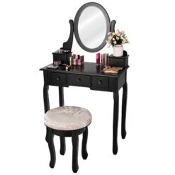 Costway Vanity Table Makeup Table Cushioned Mirror 5 Drawers Black -Furniture Sale Store GUEST 64473ebf dd11 4bd2 bdda bb60eab9bd72