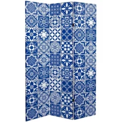 6" Double Sided Tile Canvas Room Divider Blue - Oriental Furniture
