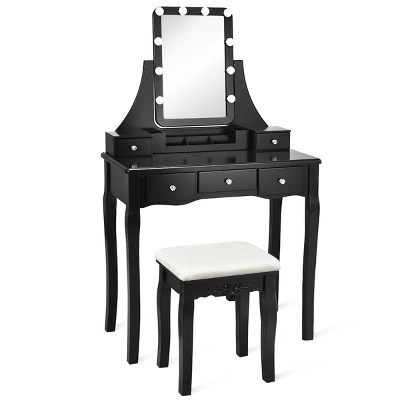 Tangkula LED Vanity Table Makeup Dresser Desk W/Drawers &Cushioned Stool Black/Brown/White 11 Tangkula LED Vanity Table Makeup Dresser Desk W/Drawers &Cushioned Stool Black/Brown/White - Image 11