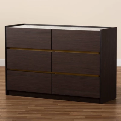 Walker Wood 6 Drawer Dresser With Faux Marble Top Dark Brown/Marble/Gold - Baxton Studio 7 Walker Wood 6 Drawer Dresser With Faux Marble Top Dark Brown/Marble/Gold - Baxton Studio - Image 7
