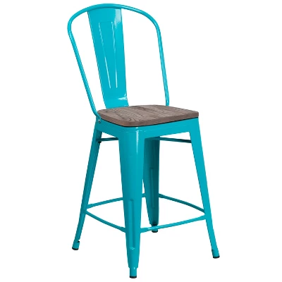 Merrick Lane 24" Metal Indoor-Outdoor Counter Stool With Vertical Slat Back, Integrated Footrest And Wood Seat 8 Merrick Lane 24" Metal Indoor-Outdoor Counter Stool With Vertical Slat Back, Integrated Footrest And Wood Seat - Image 8