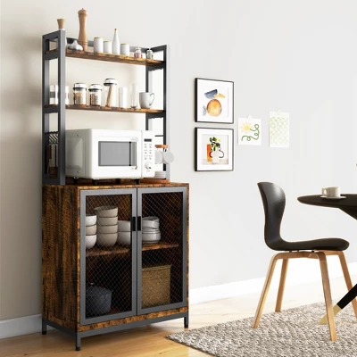 HOMCOM Kitchen Bakers Rack, Microwave Stand, Coffee Bar With Adjustable Shelves, 4 Hooks For Spices, Pots And Pans, Rustic Brown 1 HOMCOM Kitchen Bakers Rack, Microwave Stand, Coffee Bar With Adjustable Shelves, 4 Hooks For Spices, Pots And Pans, Rustic Brown